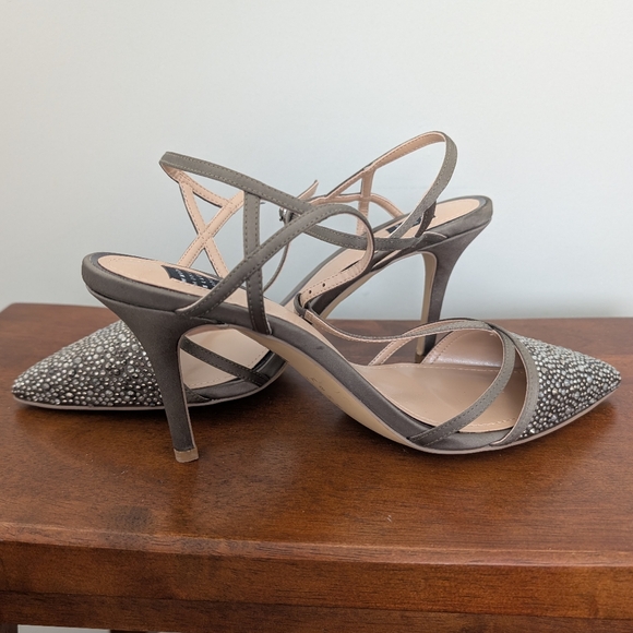 White House Black Market Shoes - New WHBM Strappy Sparkle Silver Heels Size 7